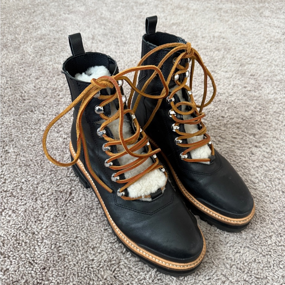 Marc Fisher LTD Izzie genuine shearling lug sole ankle boot in black leather 6.5